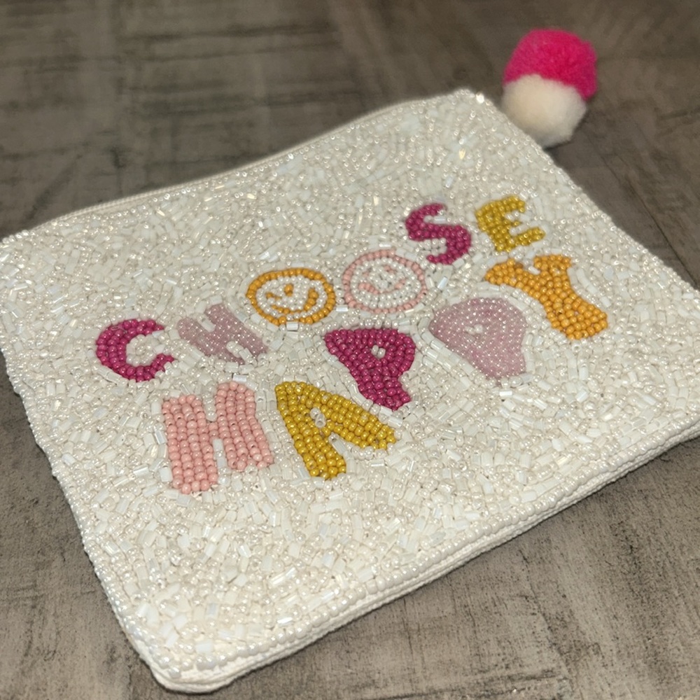 White Sead Bead Accessory bag “Choose Happy" Pom Pom Accents Pastel Letters